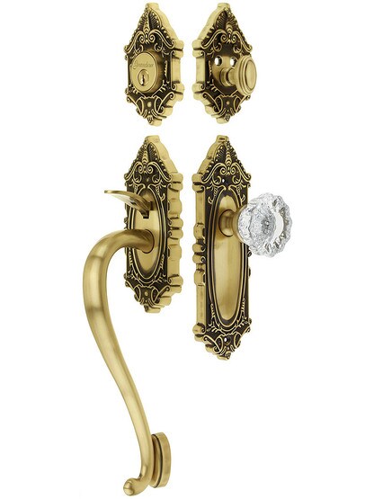 Grandeur Grande Victorian Thumblatch Entrance Set With Versailles Knob in Antique Brass.